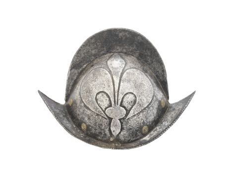 A German Black And White Comb MorionCirca 1600With two-piece skull with high roped comb, embossed on each side of the skull w