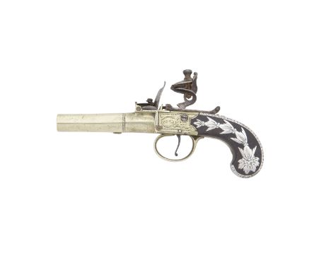 A Rare 54-Bore Flintlock Tutenag Box-Lock Pocket Pistol  By Perry, London, Late 18th Century With turn-off barrel engraved ar