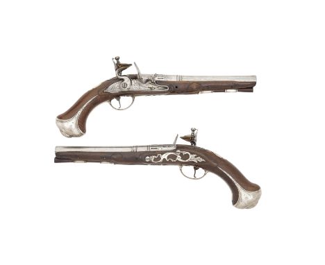 A Pair Of 28-Bore Flintlock Silver-Mounted Holster Pistols By R. Rowland Of London, Early 18th Century With earlier slightly 