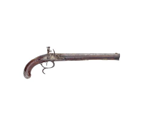 A Bavarian 40-Bore Flintlock Silver-Mounted Holster Pistol By Johann Jacob Kuchenreiter, Mid-18th Century With tapering barre
