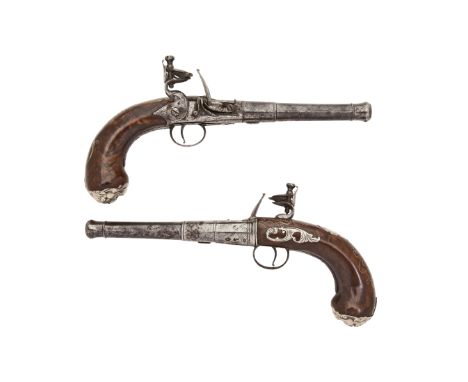 A Pair Of 20-Bore Flintlock Turn-Off Pistols By Segalas, London, Circa 1745 With cannon barrels, breeches each engraved with 