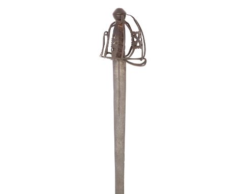 A Scottish Basket-Hilted Broadsword Early 18th Century With earlier tapering double-edged blade retaining traces of incised l