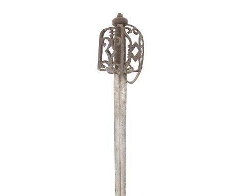 A Basket-Hilted Broadsword In Scottish Late 18th Century Style With tapering double-edged blade with central fuller over most