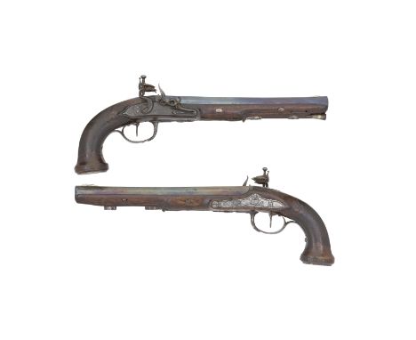 A Pair Of French 32-Bore Flintlock Rifled Officer's Pistols Indistinctly Signed, Early 19th Century With reblued swamped octa