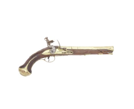A 20-Bore Flintlock Brass-Mounted Pistol With Brass Barrel And Lock   By Hawkins, London, Circa 1725 With slightly swamped th