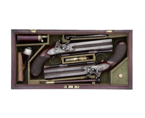 A Very Rare Cased Pair Of 22-Bore Flintlock Single-Trigger Over-And-Under Pistols By John Manton, London, Nos. 4205 And 4206 