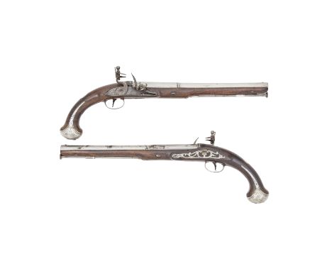 A Rare Pair Of Irish 18-Bore Flintlock Silver-Mounted Duelling Pistols By Ransford, Dublin, Dublin Silver Marks And Maker's M