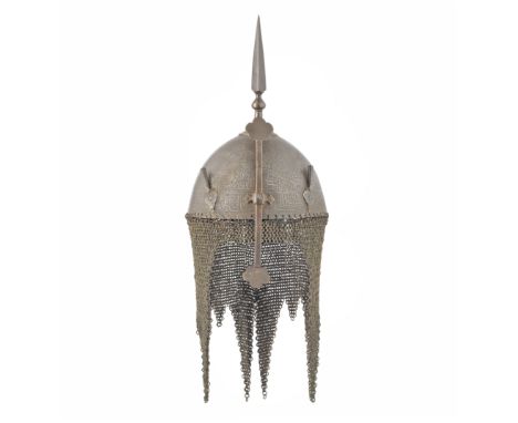 A Persian Steel Kulah Khud For A Boy Qajar, Late 19th Century With domed skull etched with four Persian bowmen on horseback h