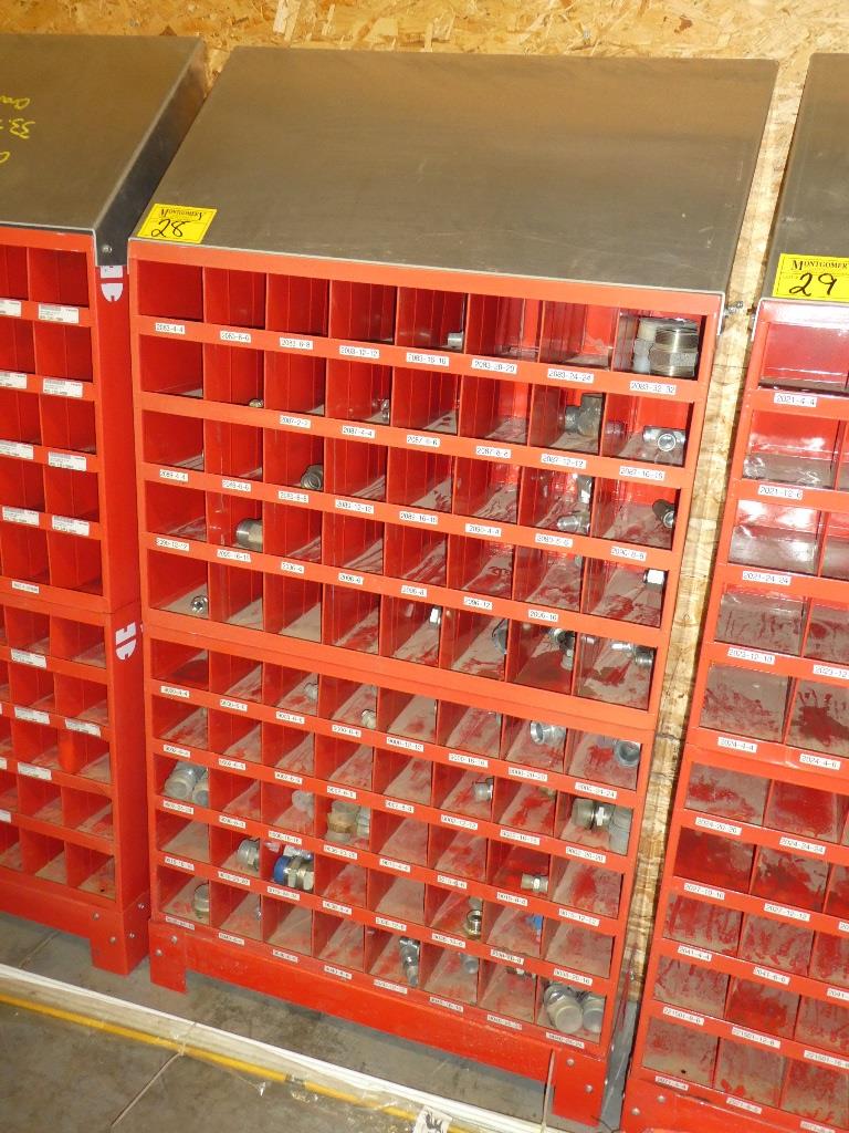 2WURTH 40 COMPARTMENT BOLT BINS W/ STAND & SS HYD. PIPE FITTINGS