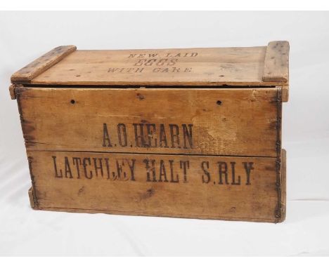 A vintage wooden farmers trade box reading 'A.O. Hearn, Latchley Halt S.RLY - New Laid Eggs with care', 67cm x 32cm x 36cm