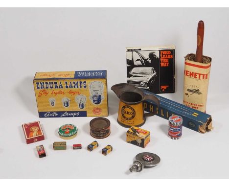A collection of vintage automobilia items including; auto lamps, soldering and grinding paste, Glico Petroleum Limited motor 