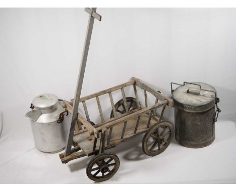 Vintage miniature wooden wagon and two milk/cream churns (3)