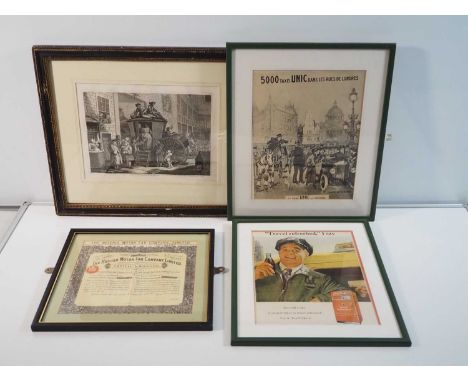 A group of framed and glazed Taxi related prints and pictures comprising: A reproduction Coca Cola advert, an 18th century li