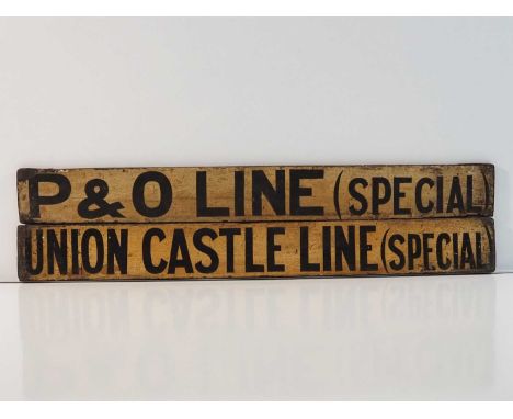 A pair of vintage wooden railway carriage boards one reading P & O Line (Special), the other 'Union Castle Line (Special)', f