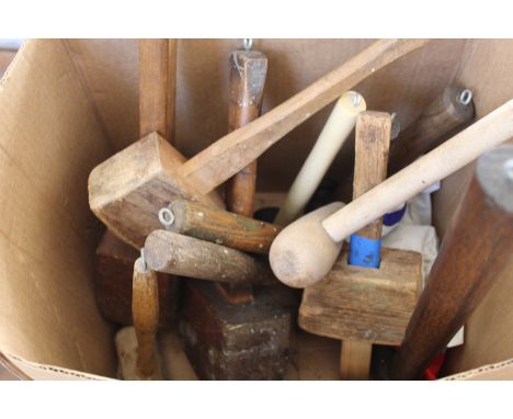 A box of wood working tools including block hammers and mallets etc