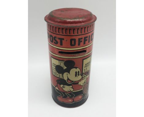 MICKEY-MOUSE TIN MONEY BOX BY PERMISSION OF WALT-DISNEY MICKEY MOUSE LTD HAPPYNAK SERIES MADE IN GREAT BRITAIN LITHOGRAPH PRI