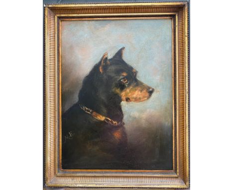 Attributed to Maud Earl 1864-1943. British. Oil on board. “Portrait of a Terrier”. Signed with initials.Measures 30cm x 41cm.
