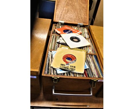 A large wooden case bespoke case [ the case alone is a nice item ] of 7' singles - ex dj collection from the 60's to the 90's