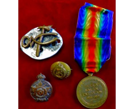 WW1 Victory medal and badges. Includes a British Victory medal named to a Cpl. P. Beck  R.E, come with an Royal Engineers swe