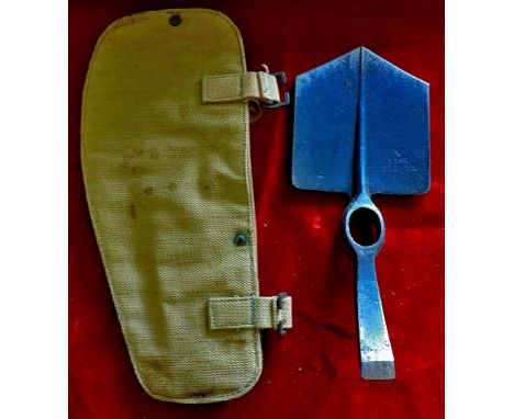 1937 Patt. Webbing entrenching tool carrier - includes blade but no shaft.  Khaki, brass fittings, dated 1944.