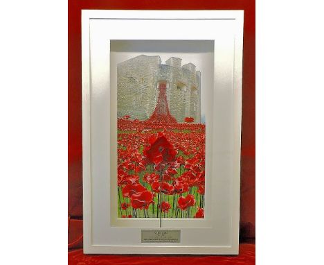 RBL Centenary Paul Cummins Ceramic Poppy from Tower of London, framed against photo of the Tower Poppies 