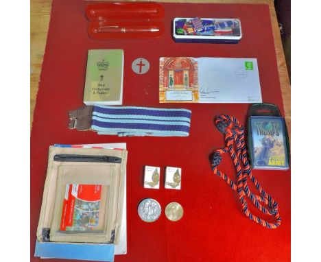 A Variety of militaria and ephemera, stable belt, lanyards, telephone cards, medallions and a mixed lot of vintage booklets i
