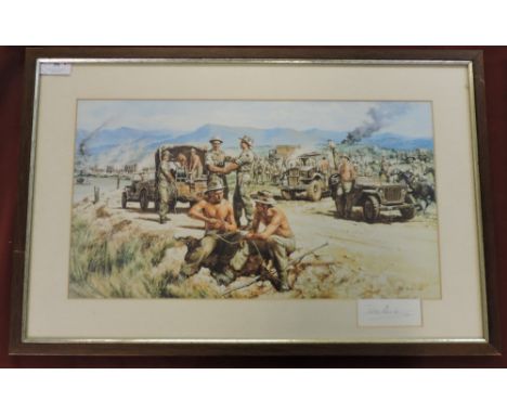 Peter Archer signed print (dated 1988) battle activity with signed repairing telephone lines in active service. Framed in Cyp
