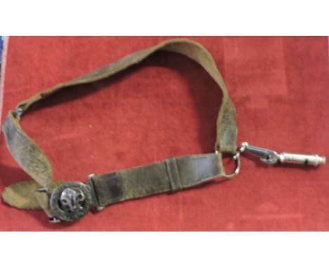 Vintage Boy Scout's leather belt and whistle. Metal clasp marked 'Official Pattern' on rear, metal whistle on 'Dog clip' is G