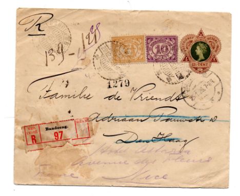 Dutch Indies 1926 pre-stamped 22 ½ c official and upgraded by 7 ½ c & 10c adhesives cds, registered Badoeng, to Nice, France,