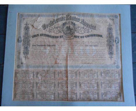 Share Certificate, Confederate States of America $1000 bond dated Richmond 1864, fifth series, black on pink paper, with coup