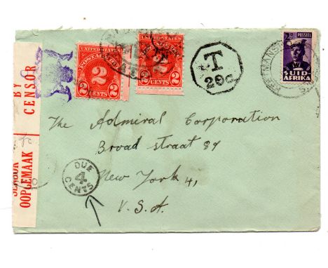 South West Africa Military Mail Censored WW2 under franked (2d) letter to New York with SWA censor strip, arrival ‘To pay ‘ma