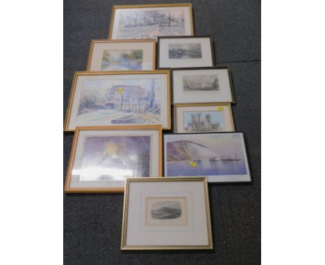 Assorted pictures and prints, comprising town scenes, landscapes, etc.