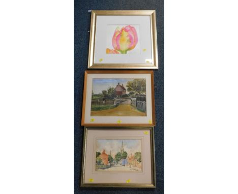 Assorted pictures and prints, comprising Freda Ward 20thC Stamford town scene, farmyard scene by same artist, and a tulip wat