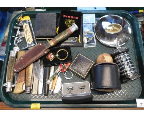 A flask, two hunting knives, Cunard case, various hunting knives, etc. (1 tray)