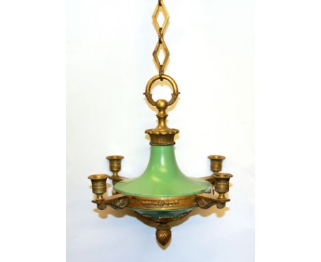 A 1930's painted brass four branch chandelier light fitting, Dia. 32cm.