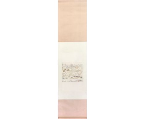 A Chinese silk mounted scroll painting of a rice field landscape, W. 58cm L. 82cm.