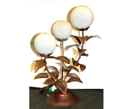 A vintage copperized metal flower table lamp, H. 60cm.