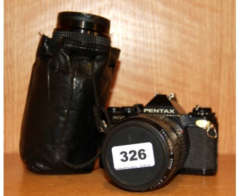 A Pentax single lens reflex camera with a TAKUMAR-A zoom lens and a Mitakon zoom lens.