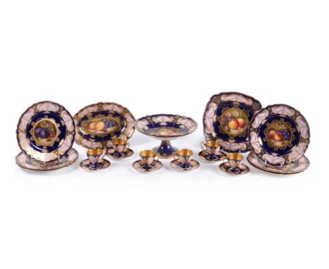 A Royal Worcester part dessert service mostly painted by R. Sebright, 1920s, comprising: six plates, 22.5cm diameter; a compo