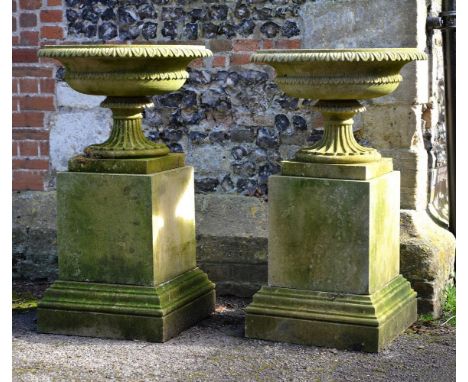 A pair of English carved limestone urns on plinths, each everted circular basin carved with tiers of foliage descending to a 