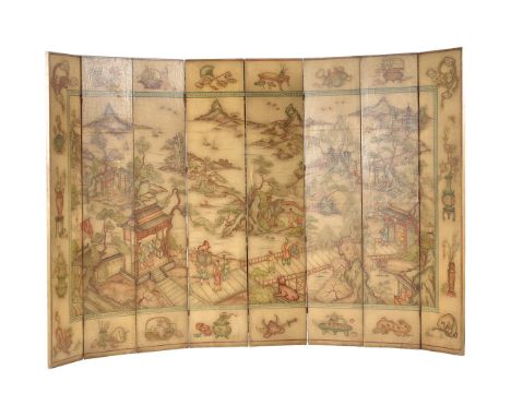 A Chinese eight-fold painted screen, Qing Dynasty, oil on canvas stretched on wood frame, depicting figures in a garden setti