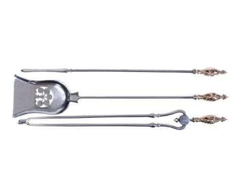 A set of William IV or early Victorian brass and steel mounted fire tools, circa 1835, comprising shovel, poker and tongs, ea