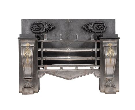 A Regency brass mounted, polished steel and cast iron fire grate, in the manner of George Bullock, circa 1820, the central ra