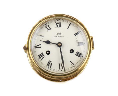 SCHATZ, 'ROYAL MARINER' BRASS SHIP'S BULKHEAD CLOCK, with twin train movement, the white dial set with Roman numerals18cm dia