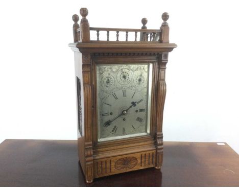VICTORIAN OAK MANTEL CLOCK, with three train double fusee movement striking on a coil and eight bells, the engraved silvered 