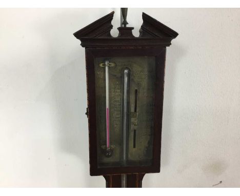 REGENCY MAHOGANY STICK BAROMETER, with silvered dial and adjustable reading arm, replacement alcohol thermometer, the glazed 