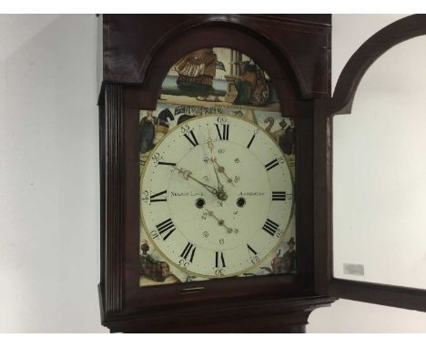 NELSON LOVE OF ANDERSTON, MAHOGANY LONGCASE CLOCK, 19TH CENTURY with twin train movement, the white enamel dial set with Roma