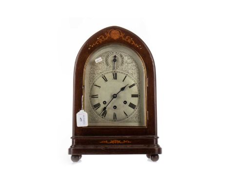 GUSTAV BECKER, INLAID MAHOHANY MANTEL CLOCK, LATE 19TH / EARLY 20TH CENTURY with three train movement striking on eight gongs
