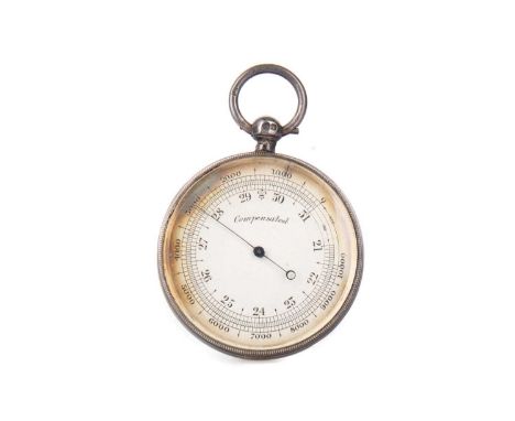 VICTORIAN SILVER CASED POCKET BAROMETER, HALLMARKED G.I., LONDON 1895  with silvered dial, in fitted leather case  4cm diamet