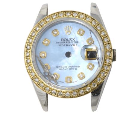 A Rolex Datejust bracelet watch head, blue mother-of-pearl dial with diamond hour markers and diamond bezel, case width 26mm 